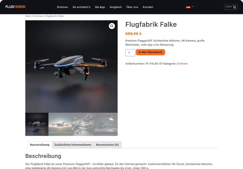 Produktseite Flugfabrik Falke mit Preis und Warenkorb-Button