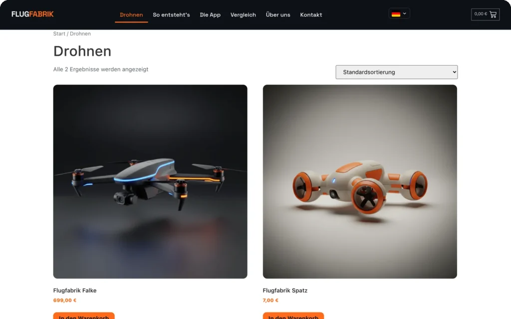 Shop-Seite des Flugfabrik Drohnenshops mit zwei Drohnen-Modellen
