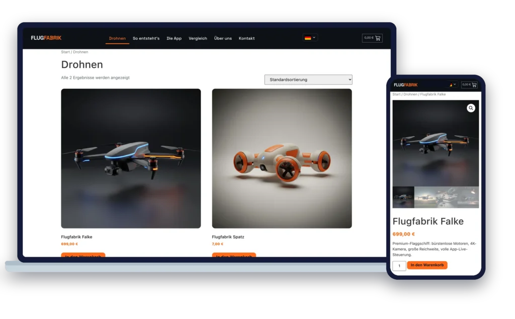 Vorschau der Website flugfabrik.net auf Laptop und Smartphone – von wwwalross gebauter Demo-Drohnenshop